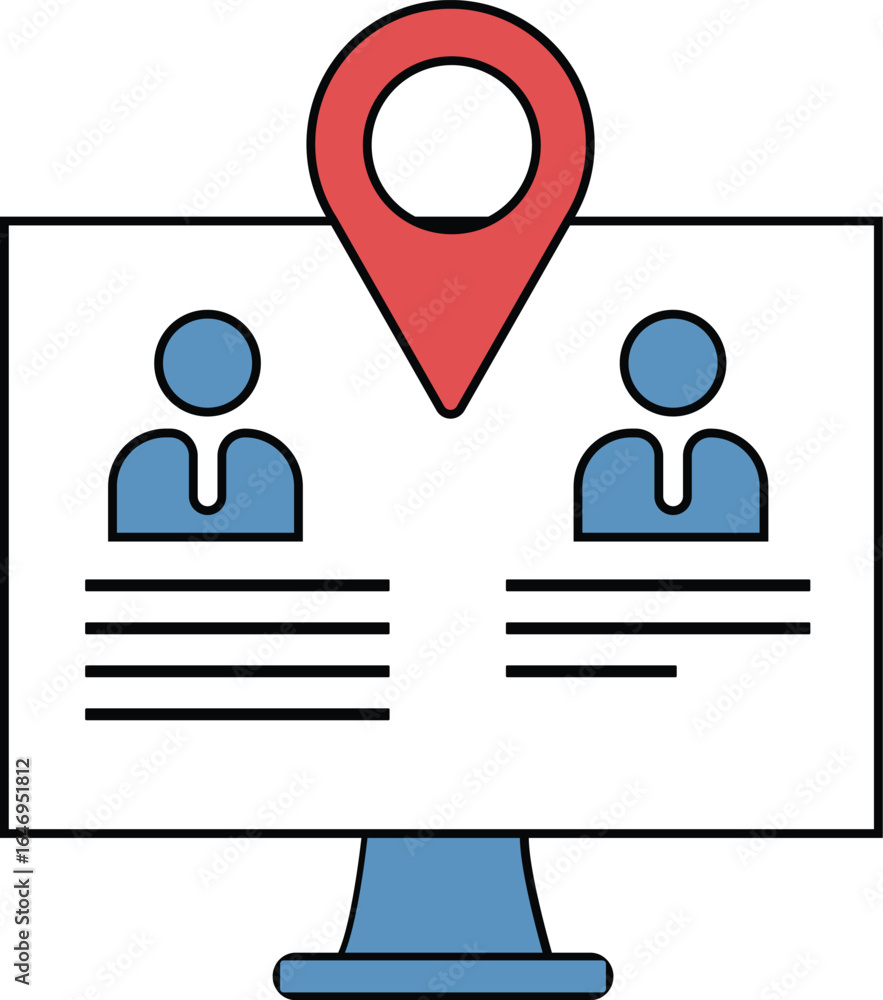 Poster computer screen displaying two user profiles with a red location pin above, representing online pres