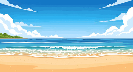 Tranquil beach scene with gentle ocean waves crashing on golden sand under blue sky