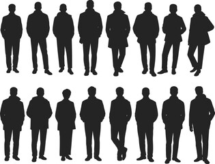 people, silhouette, men, standing, group, crowd, business, posture, coat, fashion, winter, figure, casual, isolated, vector, illustration, shape, human, art, design