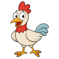 Funny Cartoon Chicken with Red Comb Standing on White Background