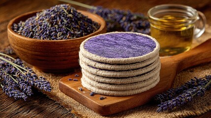 Stacked lavender-infused cleansing pads with dried lavender and oil