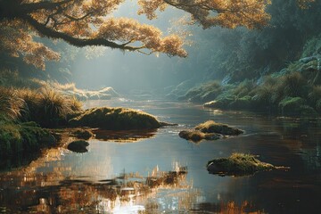 Tranquil stream flowing through a sun-drenched forest