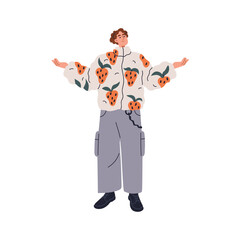 Happy smiling man standing with arms spread, enjoying. Modern style male in carefree pose, calm positive emotion, face expression, pleasure. Flat vector illustration isolated on white background