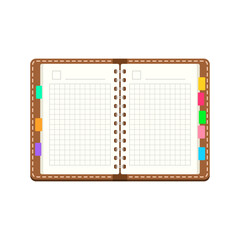 Opened spiral notepad with empty pages, sticky tabs and brown cover. Vector illustration isolated on white background