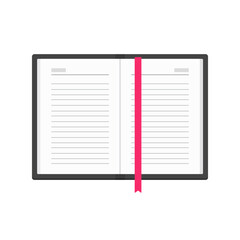 Opened notebook with empty lined pages, bookmark and black cover. Vector illustration isolated on white background
