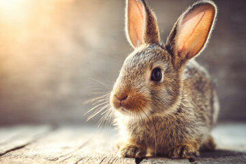 Fototapeta premium Cute rabbit autumn sunlight wellness clean wood floor soft fur alert ears peaceful mood natural setting small animal indoor pet