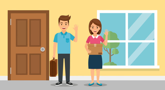Man and woman wave goodbye in a welcoming home interior with a package and briefcase