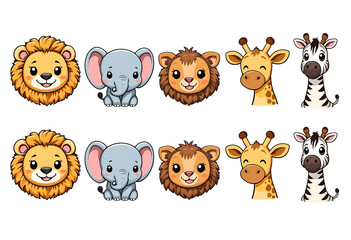 A seamless pattern featuring adorable cartoon depictions of lion, elephant, giraffe, and zebra heads transparent background.