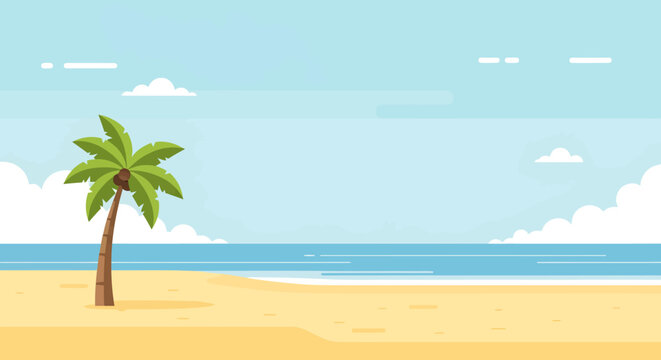 Tropical beach scene with palm tree and ocean view under clear blue sky flat design illustration