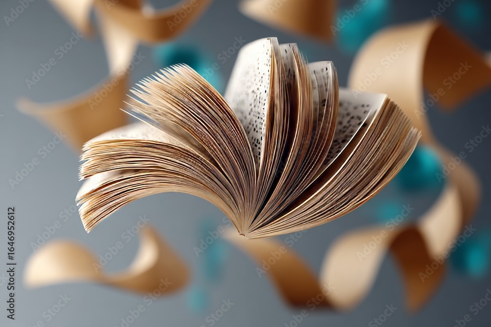 Poster a magical floating book with pages flowing in the wind, unleashing a world of endless imagination