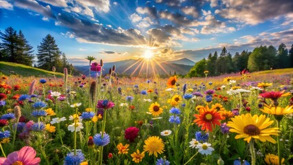 Beautiful wildflower meadow at sunset
