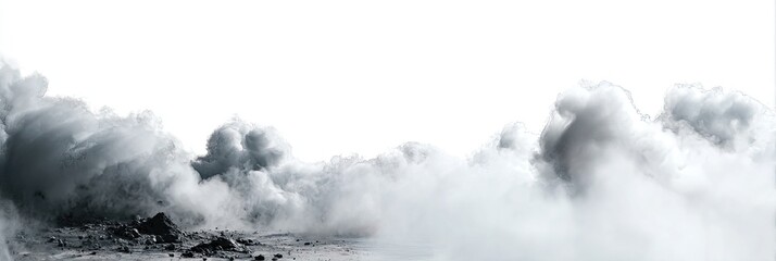 Obraz premium Large grey and white cloud formations, possibly smoke or steam, rising from a landscape