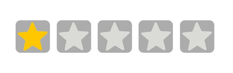Yellow one star rating icon on transparent white background for poor reviews, negative feedback, bad quality score, and customer dissatisfaction