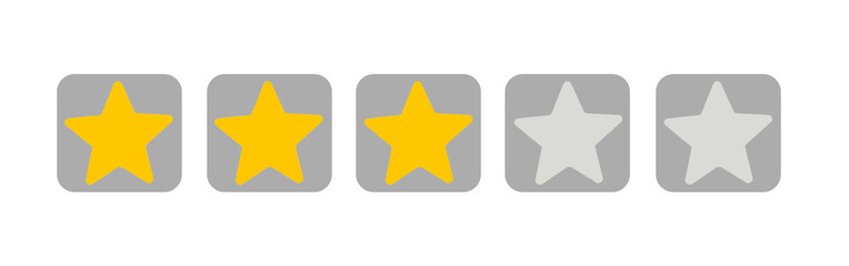 Yellow three stars rating icon on transparent white background for reviews, feedback, quality score, and customer satisfaction