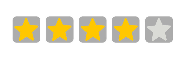 Yellow four stars rating icon on transparent white background for reviews, feedback, quality score, and customer satisfaction