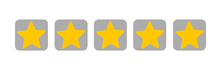 Obraz premium Yellow five stars rating icon on transparent white background for reviews, feedback, quality score, and customer satisfaction
