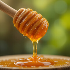 Golden Honey Dripping from Wooden Honey Dipper