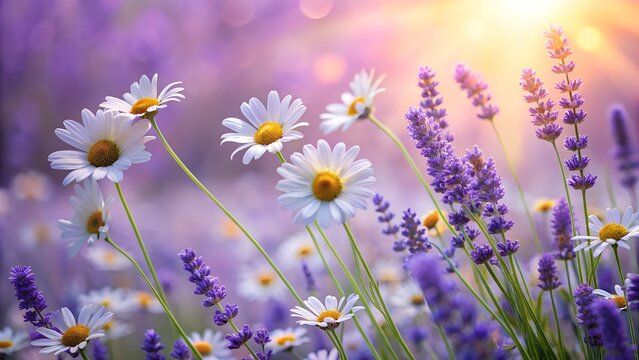 Lavender and daisy flowers in sunlight