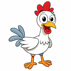 Cartoon Chicken with Red Comb Yellow Beak on White Background