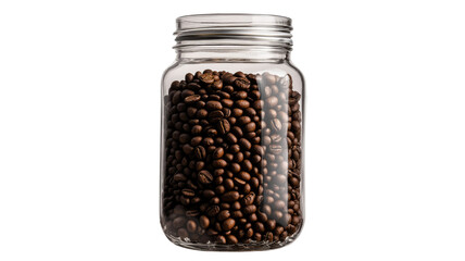 Fresh roasted coffee beans in glass jar for cafe and kitchen decor isolated on white background