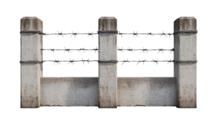 Barbed wire stretches across concrete posts, creating a secure barrier in an industrial area under bright sunlight