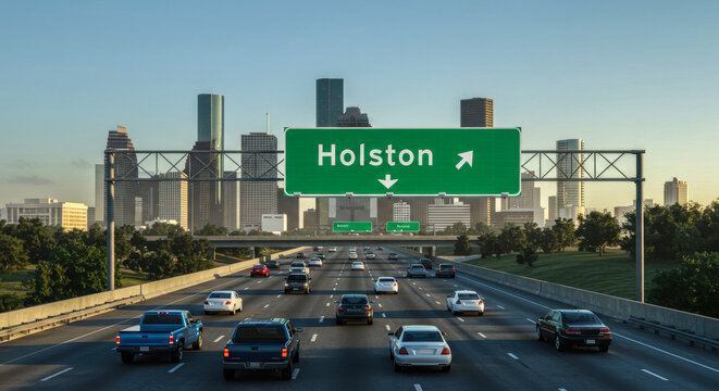 Houston Highway with Guide Sign, Destination Sign, Overhead Signage, Urban Skyline, Multi-Lane Traffic, Daytime
, 