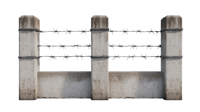Barbed wire stretches across concrete posts, creating a secure barrier in an industrial area under bright sunlight