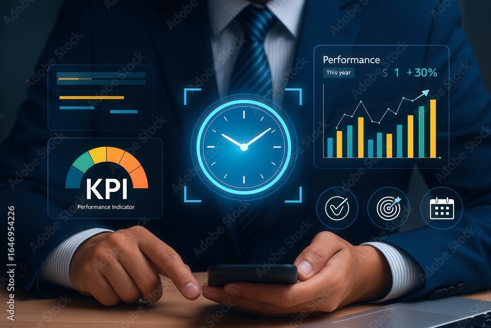 Poster innovative business evolution with kpi and performance metrics visualized