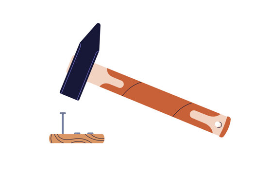 Hammer hitting, driving iron nail into wooden board. Hand tool in smashing, striking movement. Building and repair, carpentry and DIY work. Flat vector illustration isolated on white background
