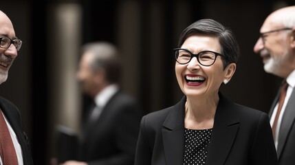Smiling businesswoman talking with colleagues at corporate event