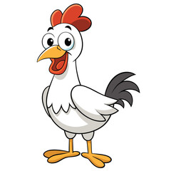 Cartoon White Chicken with Red Comb Standing on a White Background Style
