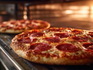 Pepperoni pizza baking in oven close-up view