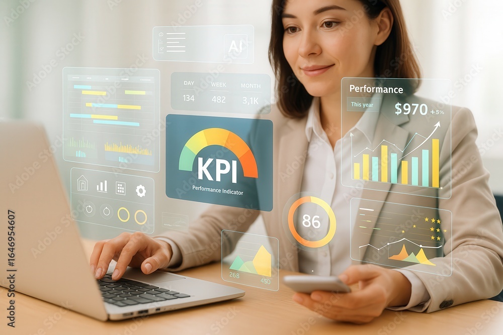 Aufkleber digital business interface with kpi and performance data visualization