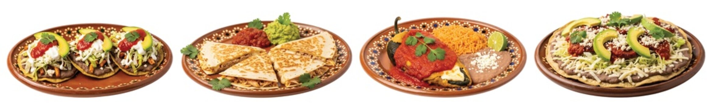 An appetizing spread of traditional Mexican cuisine, including Tostadas, quesadillas, Chile relleno, and Tortas, served on rustic terracotta plates.
