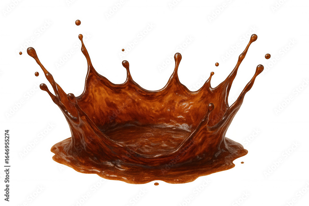 Poster coffee splash creating crown-like shape, transparent backdrop highlighting fluid dynamics and caffei