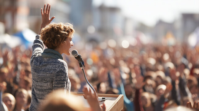 Woman passionately speaking from a podium to a large  crowd during an outdoor protest or rally. Concept of activism, political movements, social causes, feminism and public speeches.