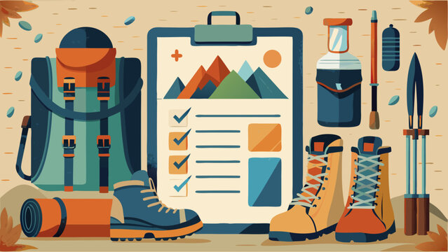 A vibrant illustration featuring camping gear: a backpack, hiking boots, and a checklist, ready for outdoor adventures.