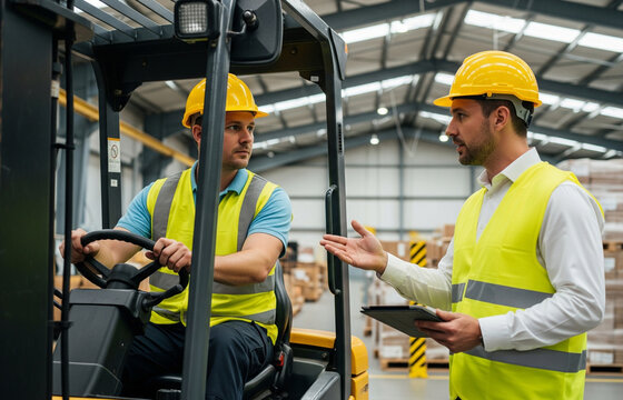Two construction workers communicate inside a large industrial warehouse.