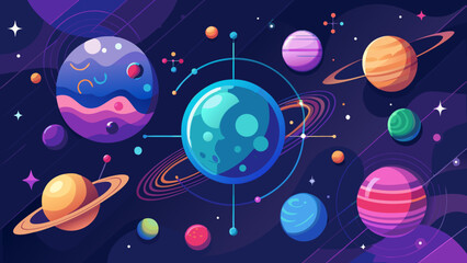 Colorful cosmic illustration featuring various planets in a vibrant outer space setting.