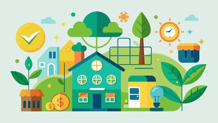 Colorful illustration of eco-friendly homes and greenery, symbolizing sustainability and financial growth.
