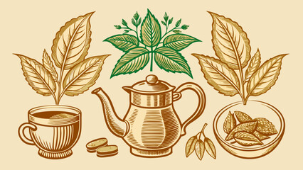 Stylized botanical illustration of tea leaves, a teapot, and a cup with herbal elements, showcasing the beauty of tea culture.