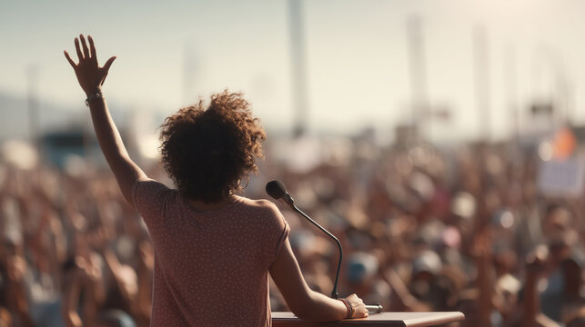 Woman passionately speaking from a podium to a large  crowd during an outdoor protest or rally. Concept of activism, political movements, social causes, feminism and public speeches.