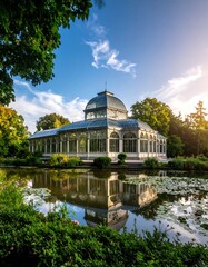 Park pavilion reflecting in pond
