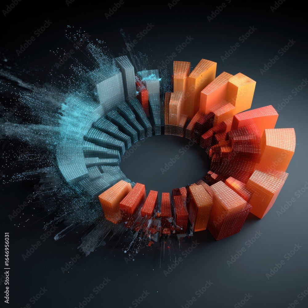 Poster a circular abstract cityscape transitioning from blue pixelation to solid orange blocks set against 
