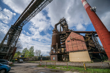 Abandoned Heavy Industrial Ruins with Large Blast Furnace in Steelworks