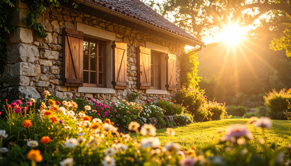 Rustic stone farmhouse with wooden shutters and flower garden