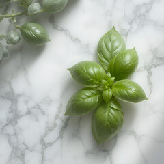 Fresh Green Basil Leaves on White Marble Surface