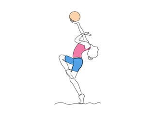 A girl does exercises, gymnastics, Pilates, aerobics with gym ball. continuous single one line art hand drawing sketch logo