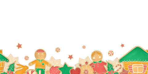 The seamless horizontal border of gingerbread on a white background. Children's style watercolor holiday's illustration.