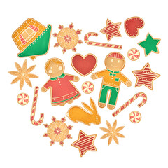 Festive composition of gingerbread cookies in heart shape on white background. Isolated watercolor illustration in simple style for kids.